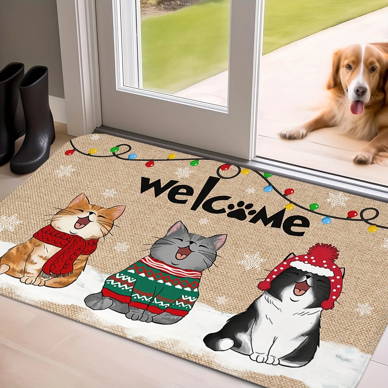 VIKAMA Christmas carpet, soft plush cat welcome door mat, anti-slip and absorbent entrance door mat, holiday party home decor